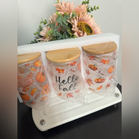 Fall Decor 3 Pack Glass Storage Jars with Airtight Bamboo Lid-Hello Fall. - Picture 3 of 4
